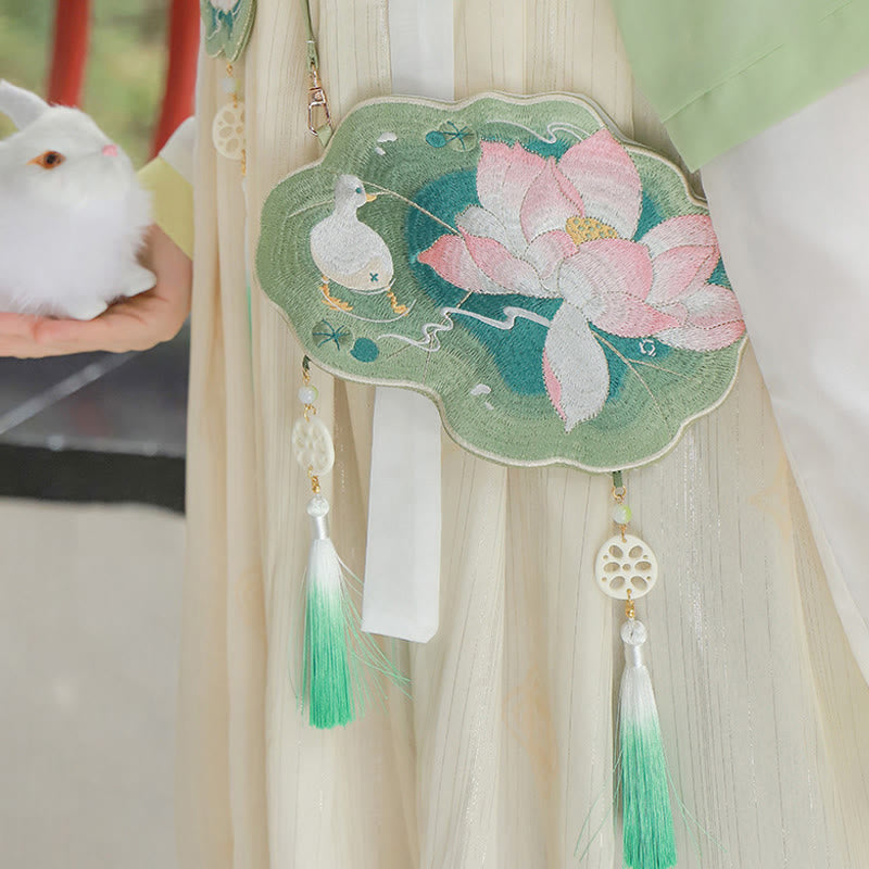 Buddha Stones Szczęście Haft Lotos Koi Ryba Królik Kwiat Hanfu Torba Crossbody Torba na Ramię - Lotos letni - image 0