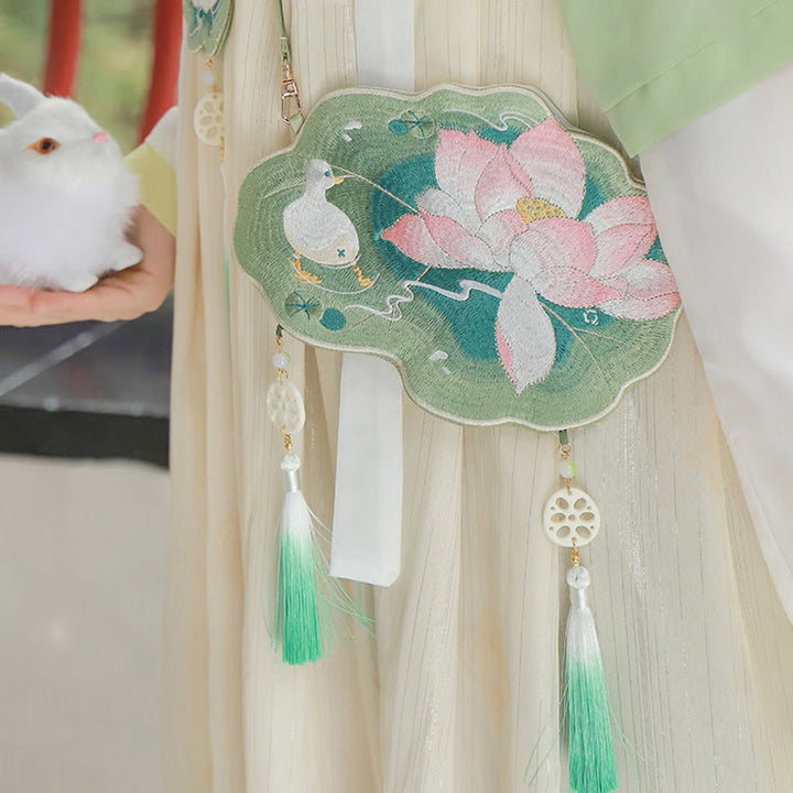 Buddha Stones Szczęście Haft Lotos Koi Ryba Królik Kwiat Hanfu Torba Crossbody Torba na Ramię - Lotos letni - image 0
