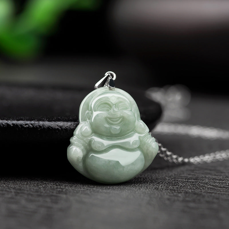 Buddha Stones 925 Srebro Sterlingowe Śmiejący się Budda Jadeitowy Naszyjnik Błogosławieństwo Łańcuszek Wisiorek - image 2