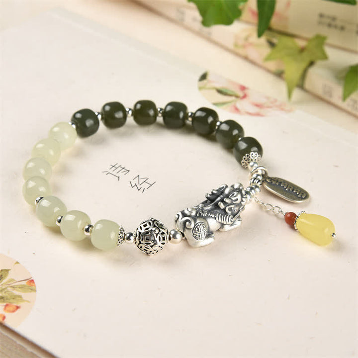 Buddha Stones 925 Srebro Sterling Naturalny Hetian Jade Bursztyn Bransoletka PiXiu Luck