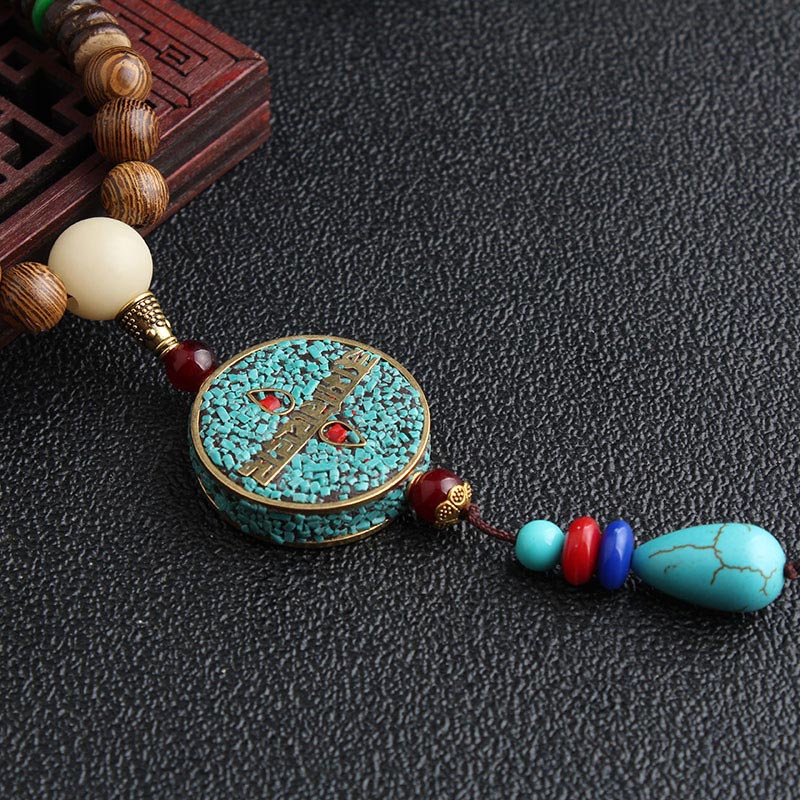 Buddha Stones Turkusowe Koraliki Dzi Koło Modlitewne Naszyjnik Medytacyjny Z Drewna Wenge - image 1