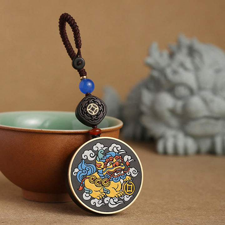 Buddha Stones PiXiu Miedziana Moneta Drewno Hebanowe Szczęście Przyciąga Bogactwo Brelok Dekoracja
