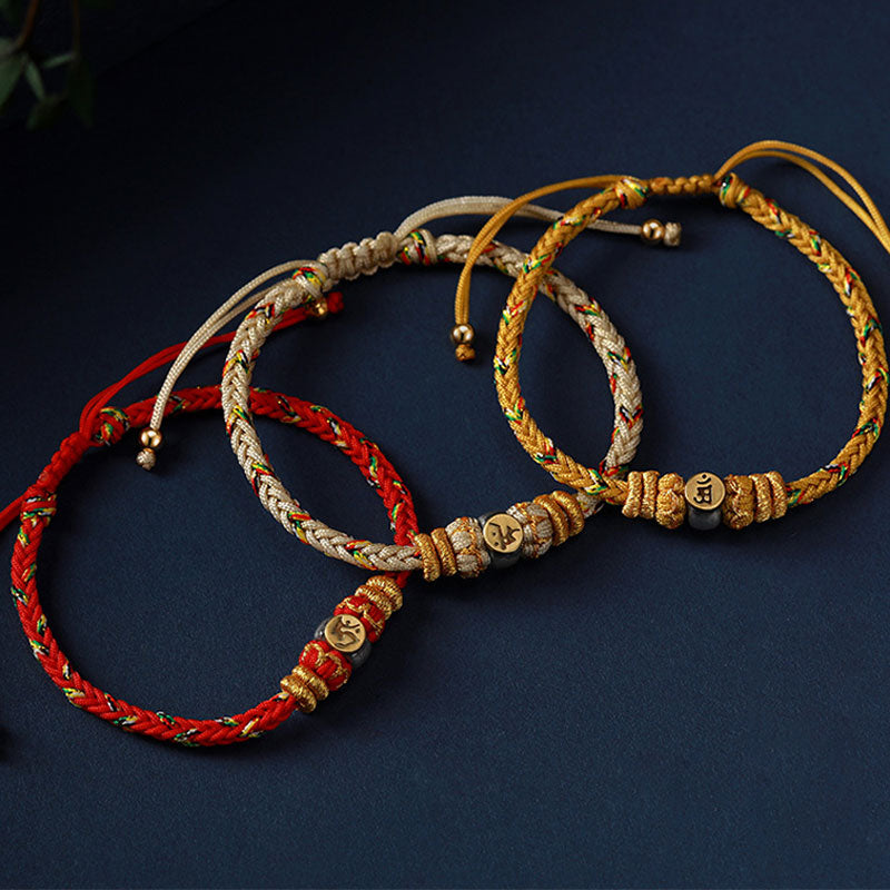 Buddha Stones Chiński Zodiak Natal Budda Srebrny Szczęście Bransoletka Pleciona Sznurkiem
