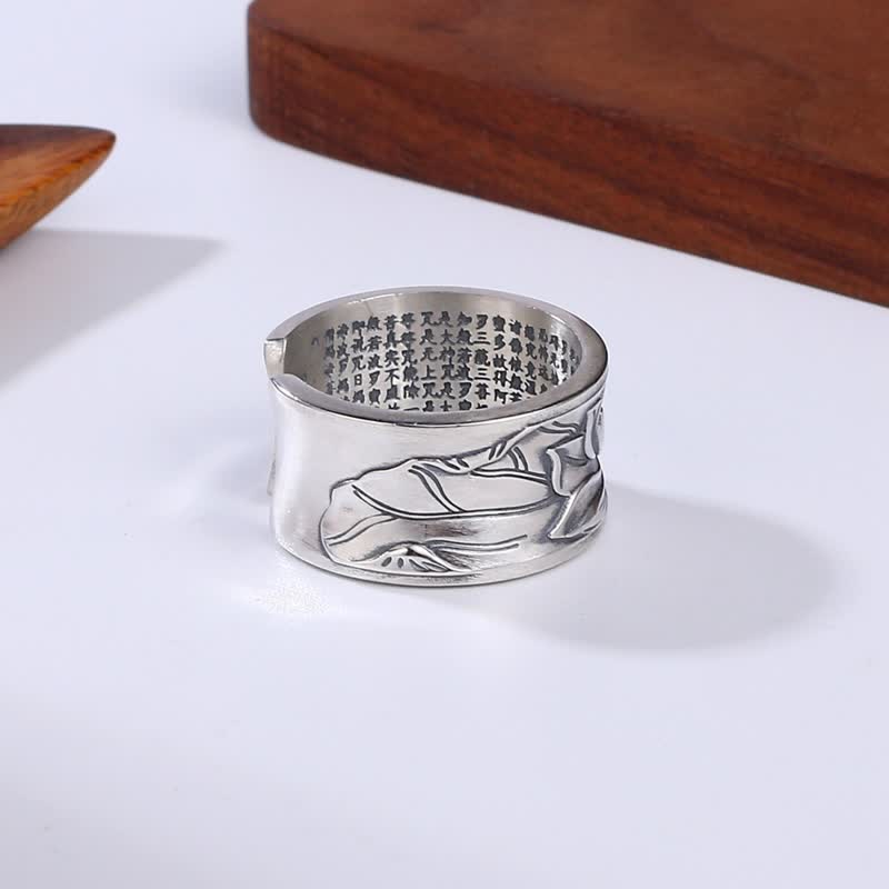 Pierścionek ochronny Buddha Stones 999 Sterling Silver Lotus Flower Heart Sutra