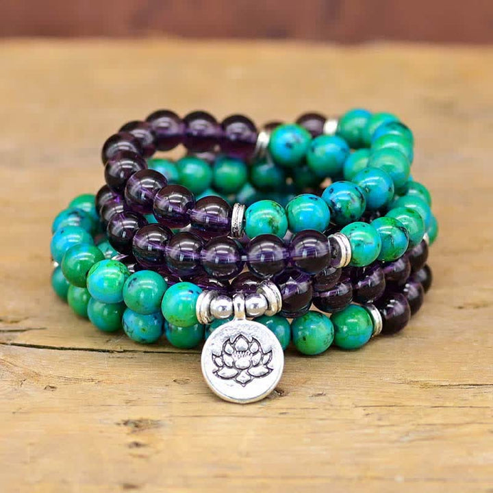 Bransoletka z Buddha Stones Ametyst Zielony Awenturyn Duchowy Lotos