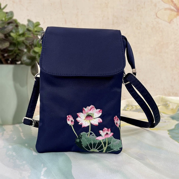 Buddha Stones Wodoodporna Ręcznie Haftowane Kwiaty Lotosu Torba Crossbody Torba Na Ramię Torba Na Telefon Komórkowy