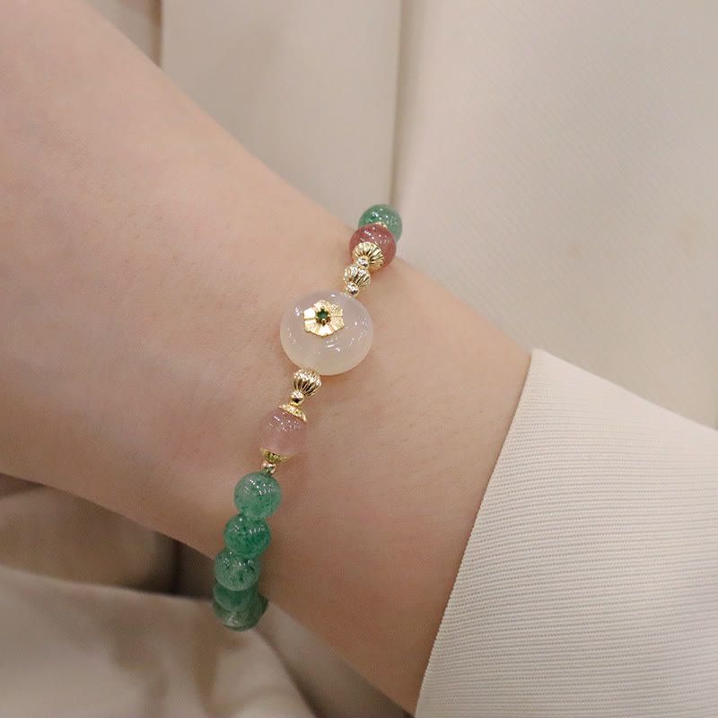 Bransoletka z Buddha Stones Naturalny Zielony Kwarc Truskawkowy Chalcedon Kwiat Wdzięczności