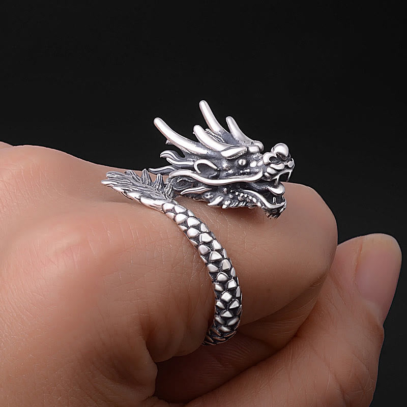 Buddha Stones 990 Srebro Sterlingowe Vintage Dragon Design Szczęście Ochrona Siła Regulowany Pierścień