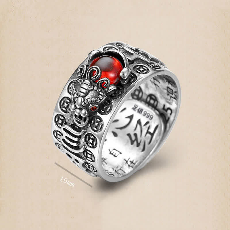 Buddha Stones FengShui PiXiu Czerwony Granat Serce Sutra Pierścień Bogactwa