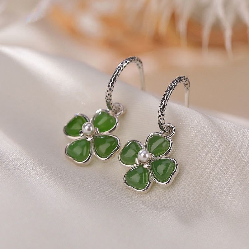 Kolczyki Buddha Stones 925 Sterling Silver Natural Cyan Jade Four Leaf Clover Luck Success