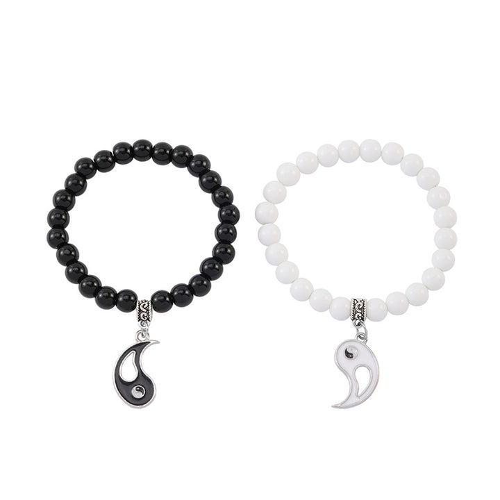 Buddha Stones 2szt. Czarny Onyks Biały Turkus Koralik Yin Yang Ochrona Para Bransoletka
