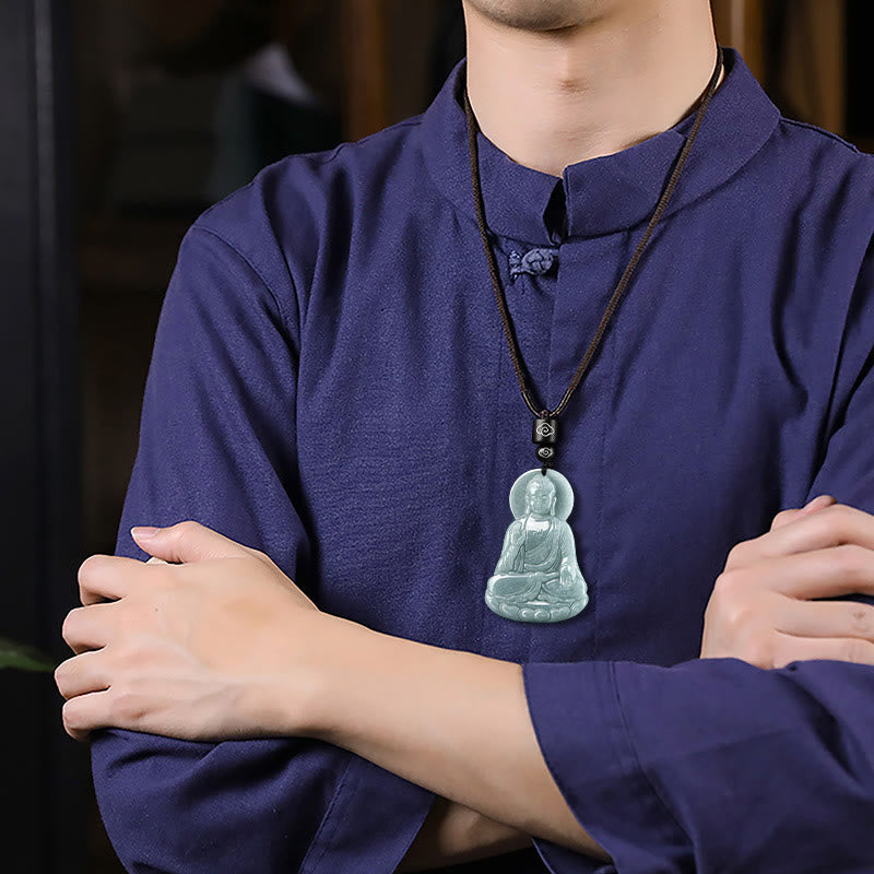 Buddha Stones Amitabha Budda Naturalny Jadeit Lotos Amulet Naszyjnik ze sznurka Współczucie Wisiorek - image 4