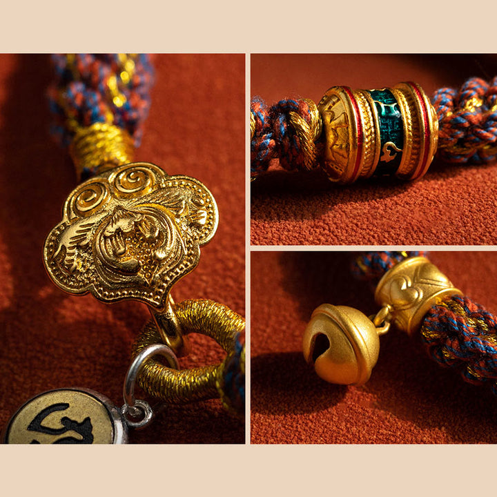 Buddha Stones 925 Srebro Sterlingowe Chiński Zodiak Natal Budda Om Mani Padme Hum Dzwonek Szczęścia Bransoletka ze Sznurka Plecionego