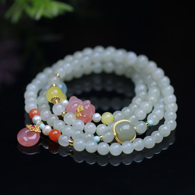 Buddha Stones Naturalny Hetian Jade Różowy Kryształ Klamra Spokoju Bransoletka Szczęście Obfitość