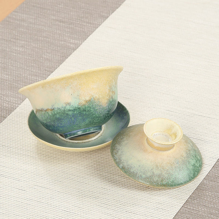 Buddha Stones Zielone Fale Oceaniczne Projekt Porcelany Ceramiczny Gaiwan Sancai Filiżanka Kung Fu Filiżanka I Spodek Z Pokrywką