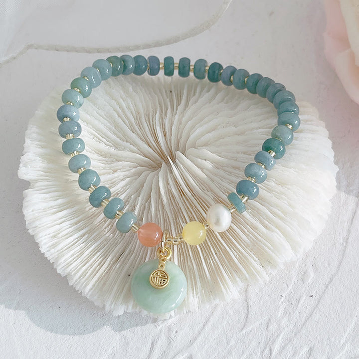 Buddha Stones Naturalne Hetian Jade Pearl Peace Buckle Fu Character Gourd Money Bag Truskawkowy Kwarc Bransoletka PiXiu Luck