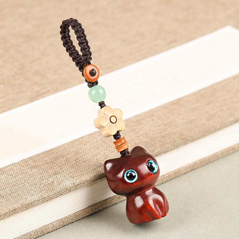 Buddha Stones Mini Mały Liść Czerwony Sandałowiec Drewno Hebanowe Szczęśliwy Kot Piękny Kotek Pokój Brelok Telefon Wiszący Dekoracja - Brelok do kluczy - Kot z małym liściem czerwonego drzewa sandałowego - image 11