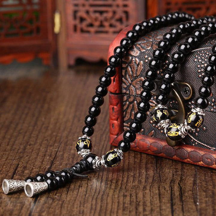 Bransoletka Mala z Buddha Stones Czarny Obsydian Sześć Prawdziwych Słów Ochronnych
