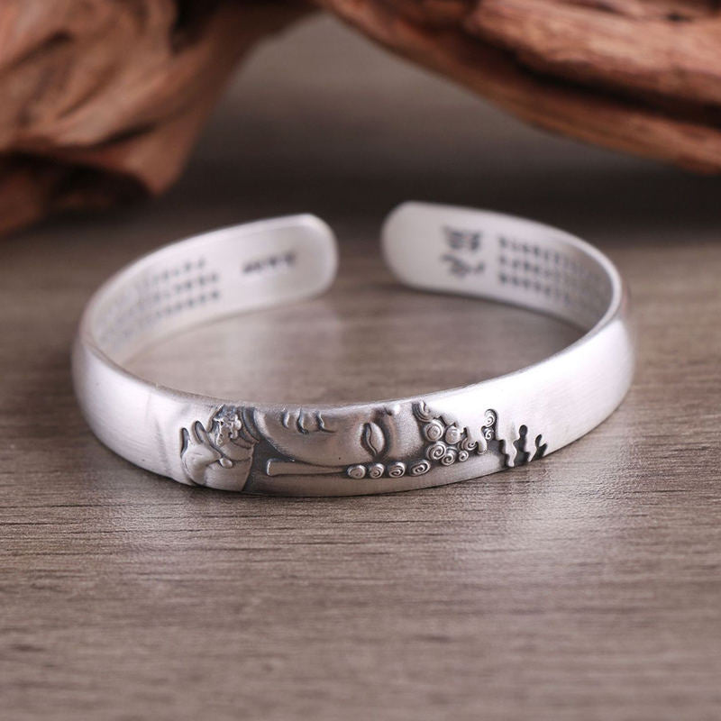 Buddha Stones 999 Srebro Sterling Głowa Buddy Serce Sutra Bransoletka Spokój