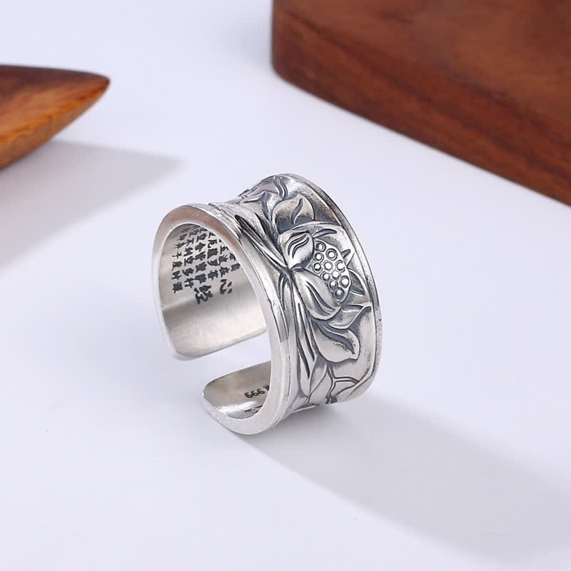 Pierścionek ochronny Buddha Stones 999 Sterling Silver Lotus Flower Heart Sutra - Srebro próby 999 - image 0