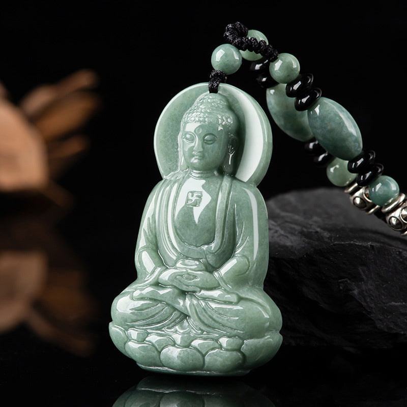 Buddha Stones Amitabha Budda Jadeitowy Amulet Naszyjnik ze Sznurka Współczucia - image 5