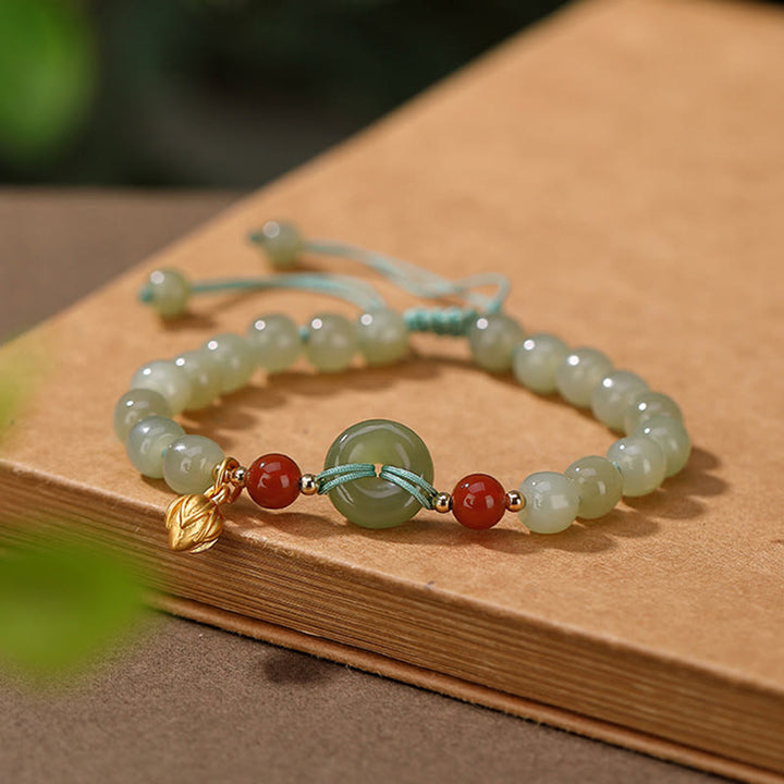 Buddha Stones 925 Srebro Sterling Naturalny Hetian Jade Peace Buckle Bransoletka Szczęścia z Czerwonego Agatu