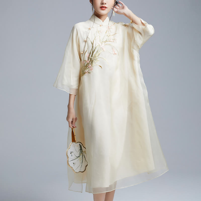 Buddha Stones 100% jedwab morwowy 6 Momme Sukienka Vintage Flower Butterfly Haft Qipao Sukienka damska Cheongsam - image 2