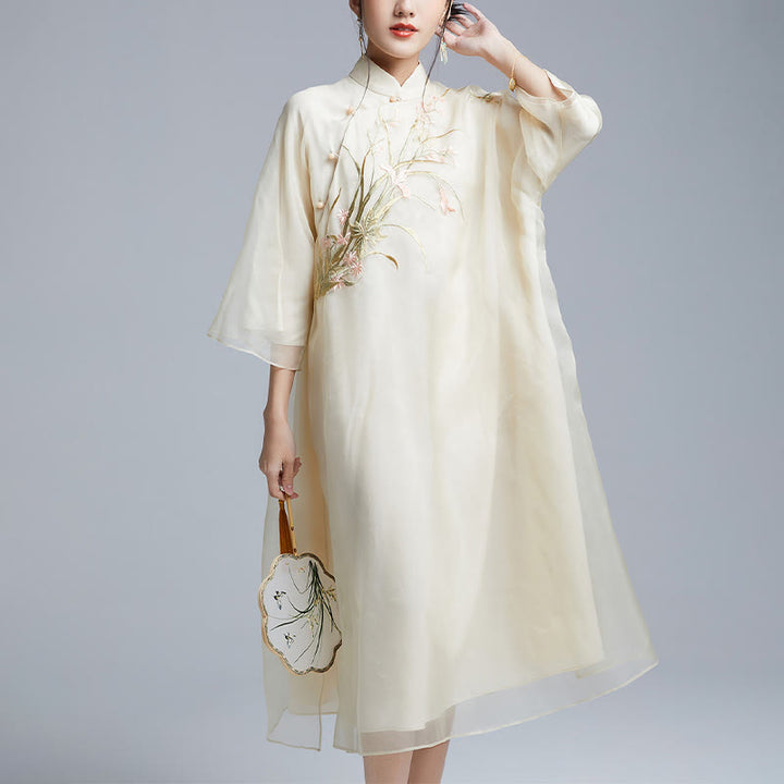 Buddha Stones 100% jedwab morwowy 6 Momme Sukienka Vintage Flower Butterfly Haft Qipao Sukienka damska Cheongsam - image 2
