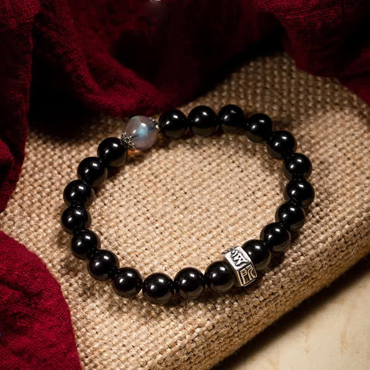 Chiński zodiak Natal Buddha 925 Srebro Sterling Czarny Obsydian Moonstone Bransoletka Siła