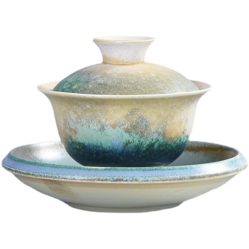 Buddha Stones Zielone Fale Oceaniczne Projekt Porcelany Ceramiczny Gaiwan Sancai Filiżanka Kung Fu Filiżanka I Spodek Z Pokrywką