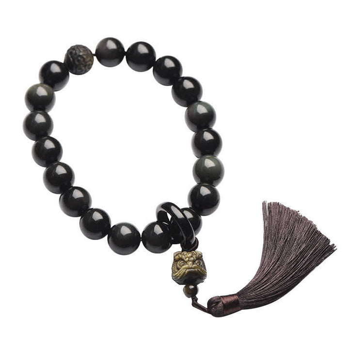 Buddha Stones Naturalny Czarny Obsydian Lew Nadgarstek Mala Ochrona Frędzle Kieszonkowa Mala Dekoracja Samochodu
