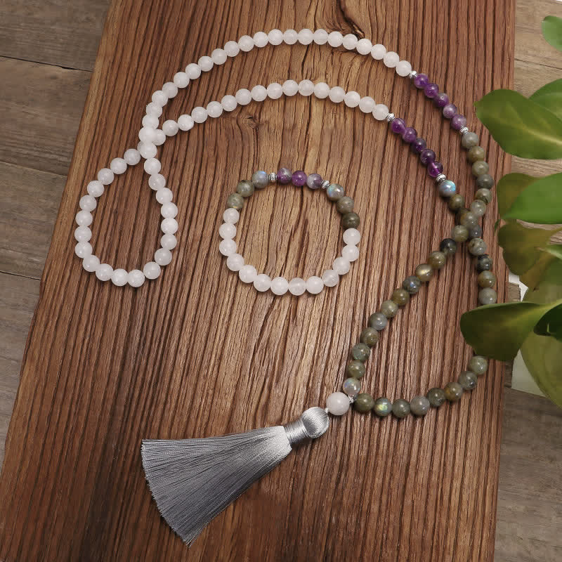 Buddha Stones 108 Mala Beads Biały Agat Ametyst Czarny Brokat Bransoletka Ochronna Kamienia