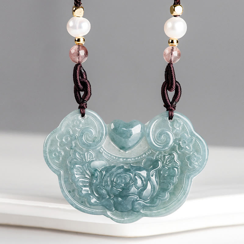 Buddha Stones Naturalny Jadeit Peonia Kwiat Kłódka Dobrych Życzeń Naszyjnik Wisiorek Dobrobytu