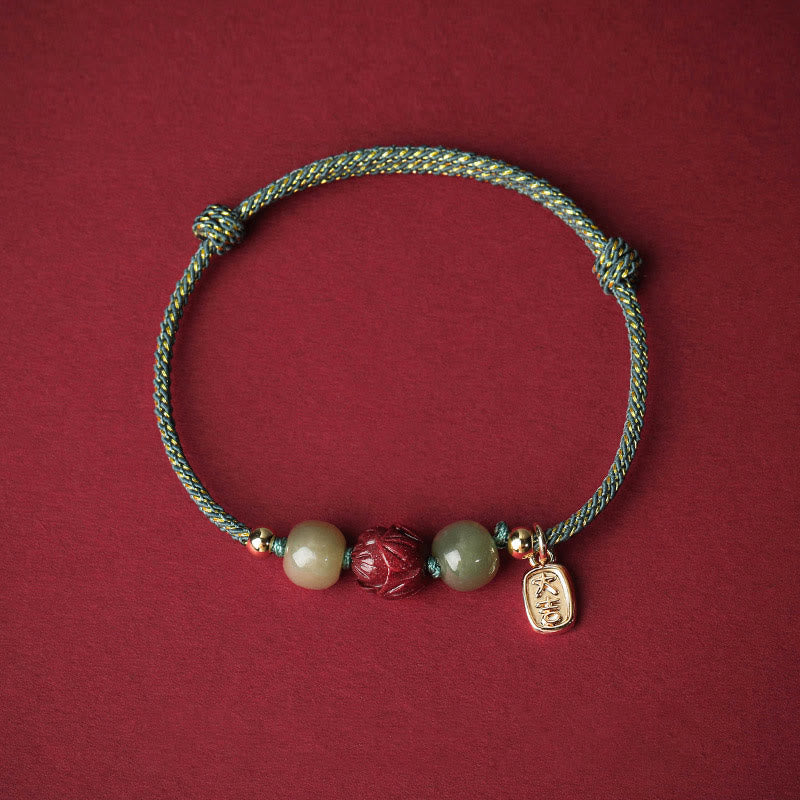 Buddha Stones 14K pozłacane Hetian Jade Cynober Lotos Szczęście Bransoletka Ręcznie Robiona z Linii - Cyjanowa lina (obwód nadgarstka 13-18 cm) - image 11
