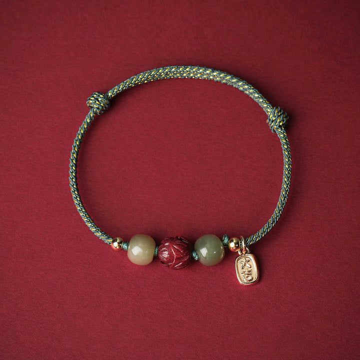 Buddha Stones 14K pozłacane Hetian Jade Cynober Lotos Szczęście Bransoletka Ręcznie Robiona z Linii - Cyjanowa lina (obwód nadgarstka 13-18 cm) - image 11