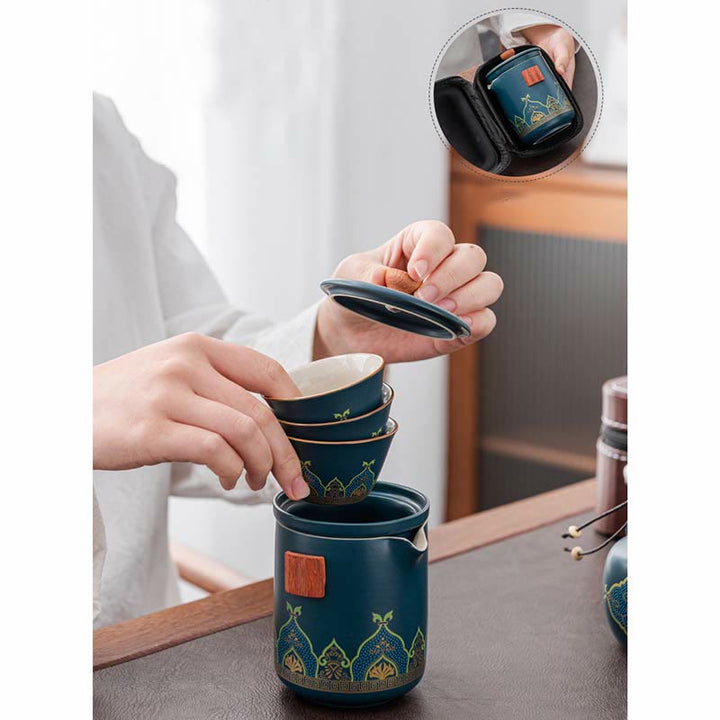 Buddha Stones Kwiat Chiński Gongfu Ceramiczny Czajnik Przenośny Zestaw Herbaty Podróżnej Na Zewnątrz Torba