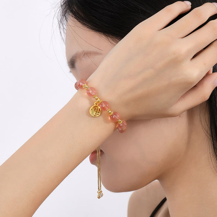 Bransoletka z Buddha Stones 14K pozłacana naturalna truskawka kwarc Fu Character Positive Charm