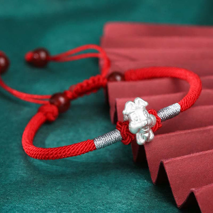 Buddha Stones 999 Srebro Sterling Chiński Zodiak Szczęście Siła Bransoletka z Czerwonego Sznurka