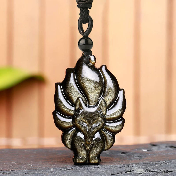 Buddha Stones Naturalny Fluoryt Złoty Połysk Obsydian Lis Wisiorek Ochrona Naszyjnik