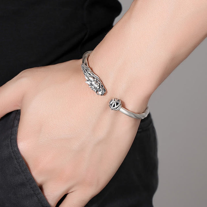 Buddha Stones 999 Srebro Sterling Rok Smoka Szczęście Siła Metalowa Bransoletka Mankietowa Bangle