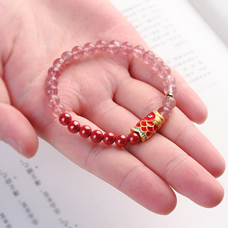 Buddha Stones Naturalny Kwarc Truskawkowy Cynober Lucky Koi Fish Healing Bransoletka