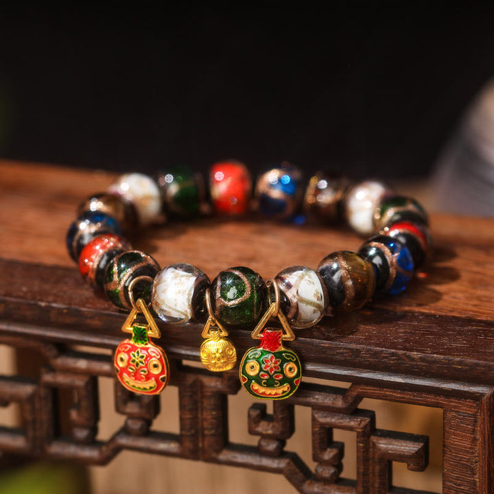 Buddha Stones Pięć Elementów Złota Połykająca Bestia Rodzina Charm Liuli Szklana Koralik Bransoletka Szczęścia