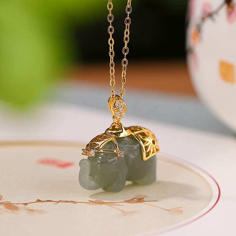 Buddha Stones 925 Srebro Sterlingowe Jade Elephant Blessing Fortune Naszyjnik Łańcuszek Wisiorek - Jadeit - image 0