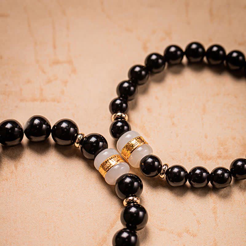 Buddha Stones Czarny Obsydian Jade Om Mani Padme Hum Siła Para Magnetyczna Bransoletka