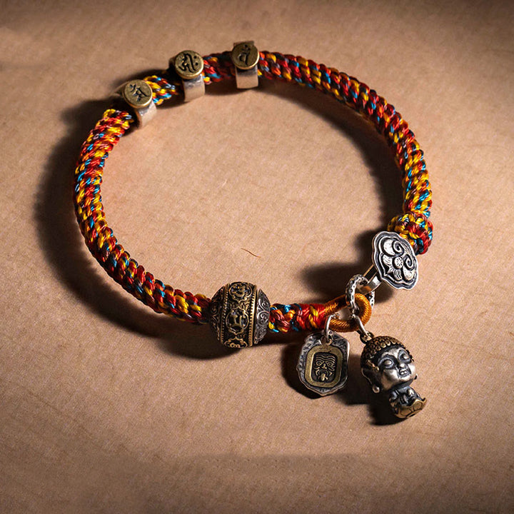 Buddha Stones Ręcznie robione Tybetańskie 925 Srebro Chiński Zodiak Natal Budda Zakiram Bogini Ochrony Bogactwa Wielokolorowa Bransoletka Pleciona Lina