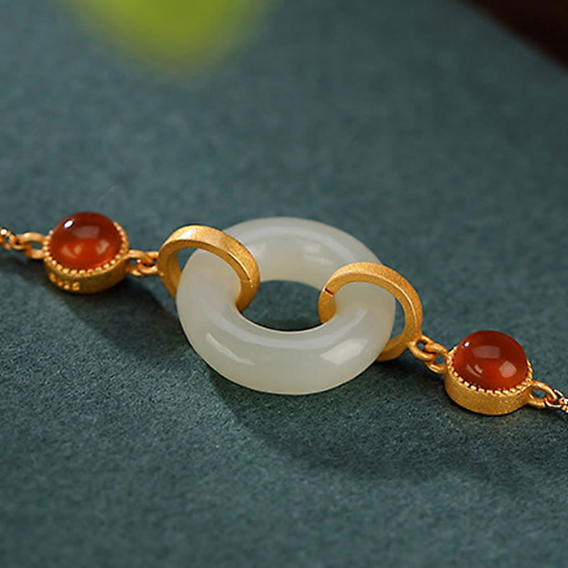 Buddha Stones 925 Srebro Sterlingowe Platerowane Złotem Naturalny Hetian Jade Peace Buckle Bransoletka Szczęścia z Czerwonego Agatu - image 3