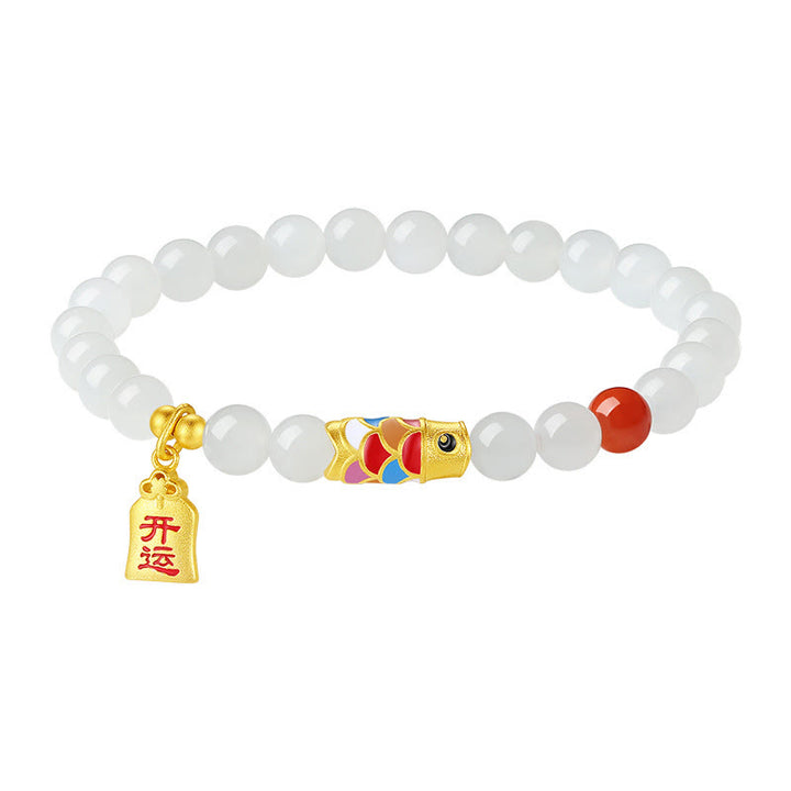 Buddha Stones 925 Srebro Sterlingowe Hetian Biały Jade Czerwony Agat Koi Ryba Szczęście Bransoletka