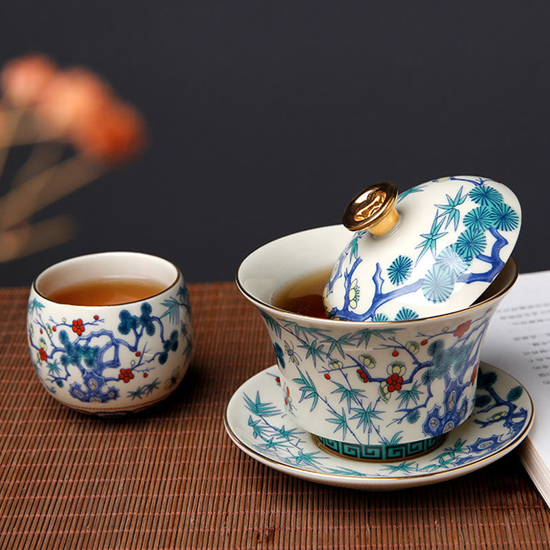 Buddha Stones Retro Śliwkowy Kwiat Sosna Bambus Feniks Kirin Ceramiczny Gaiwan Sancai Filiżanka do herbaty Kung Fu Filiżanka do herbaty i spodek z pokrywką
