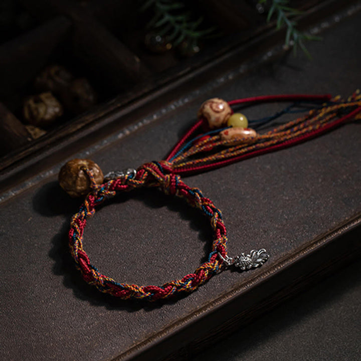 Buddha Stones Tybetańskie Ręcznie Robione Kolorowe Nici 925 Srebro Sterling Ochrona Ryb Koi Siła Bransoletka Sznurkowa