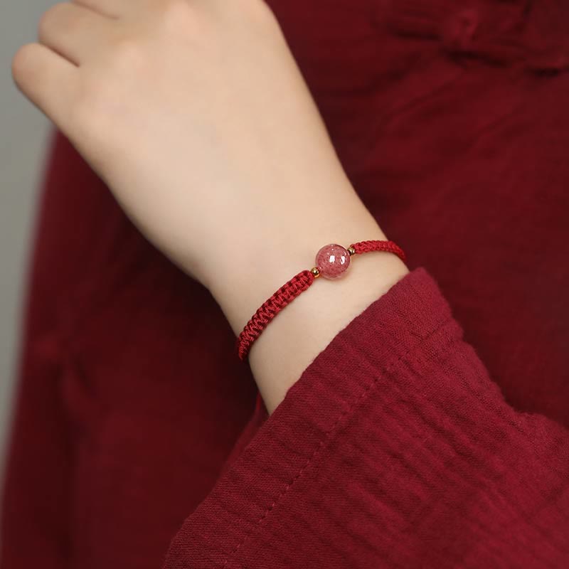 Buddha Stones Naturalny Kryształ Kwarcowy Truskawkowy Miłość Czerwona Bransoletka Tkana Sznurkiem Anklet